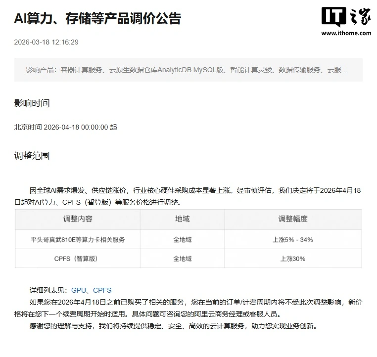 阿里云宣布下月涨价：平头哥真武 810E 等 AI 算力服务上涨 5~34%，文件存储产品 CPFS 上涨 30%