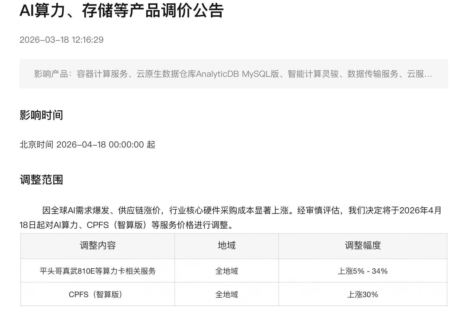 Token调用量暴涨，阿里云AI算力和存储产品最高涨价34%