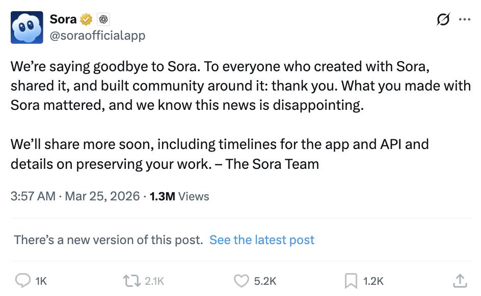 OpenAI关停Sora，25个月从封神到退场