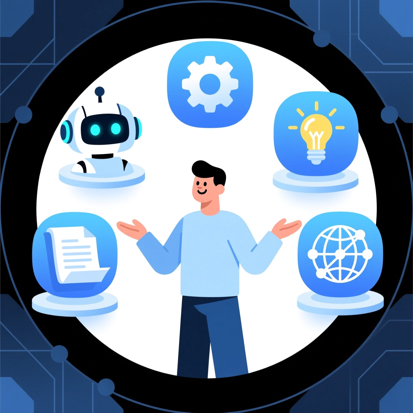 人类与多个功能各异的AI智能体图标协同工作的友好示意图