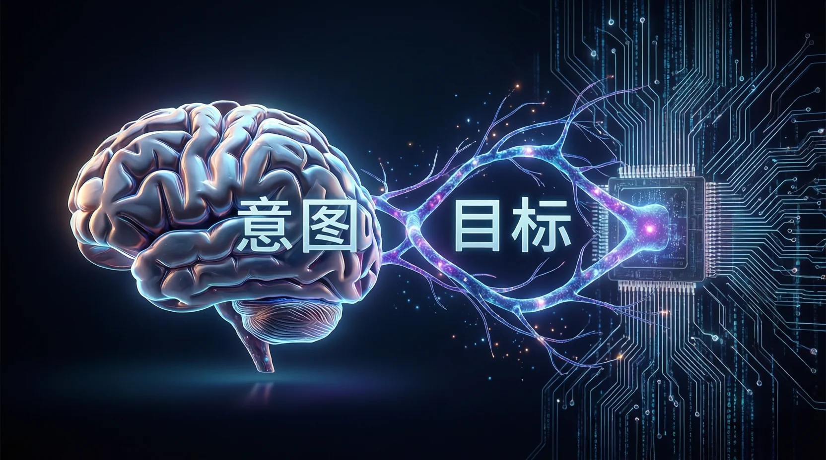 人类意图与AI目标通过神经桥梁互联的示意图
