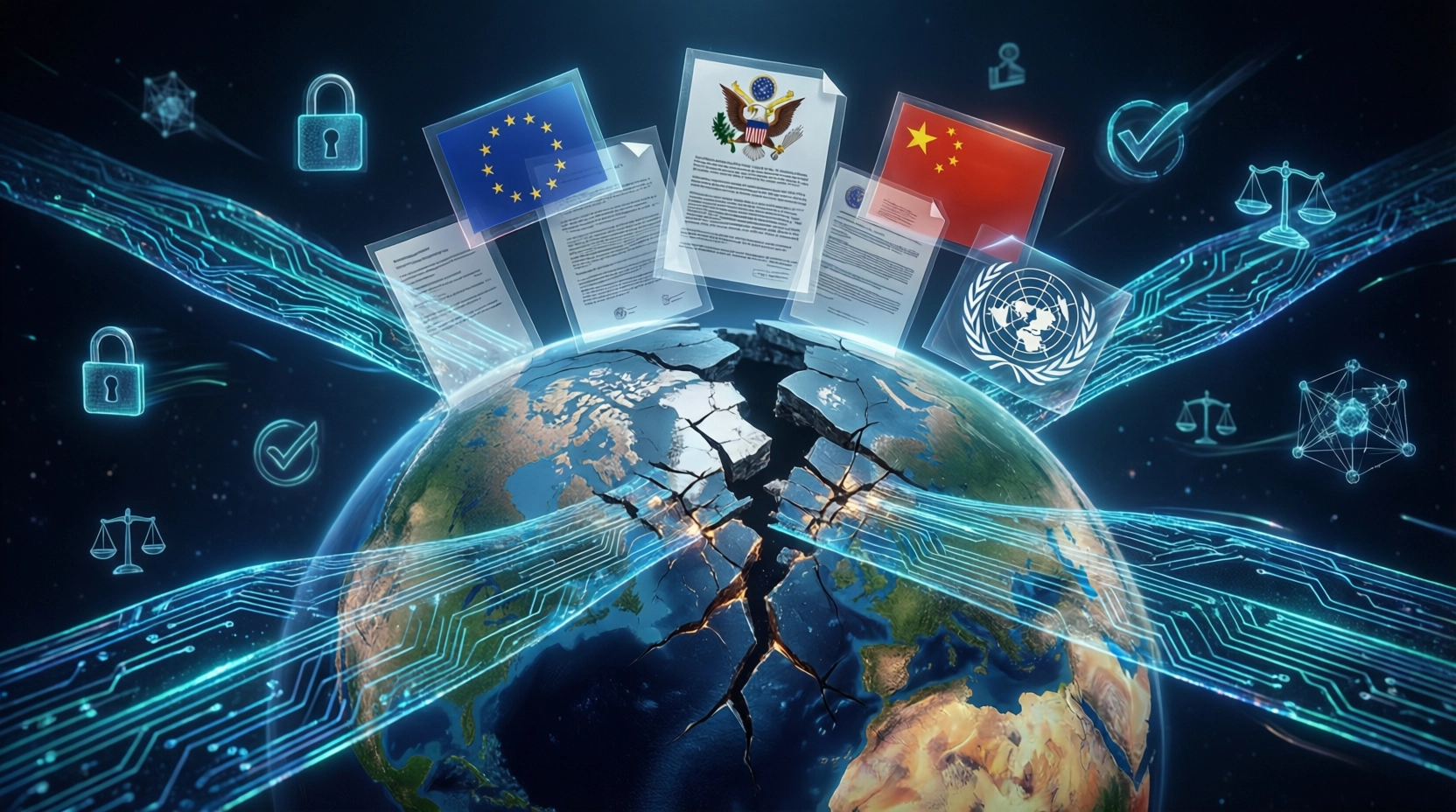 全球人工智能伦理治理碎片化现状与协同挑战的象征性表达