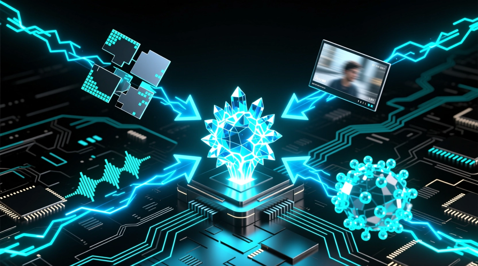 多模态数据流汇聚至统一神经核心的示意图